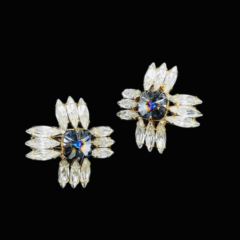 Vintage Austria Smoky Blue Square Rivoli Rhinestone Brooch Earring Set - Picture 6 of 8